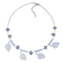 necklace leaf beads light blue on coated flexible wire 44cm