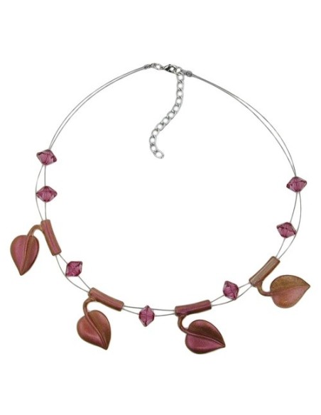 necklace leaf beads purple-coloured on coated flexible wire 44cm