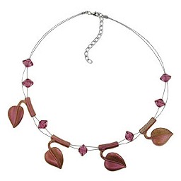 necklace leaf beads purple-coloured on coated flexible wire 44cm