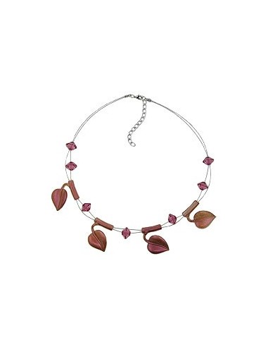 necklace leaf beads purple-coloured on coated flexible wire 44cm