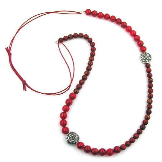 necklace red/black marbled 2 silver coloured designer beads