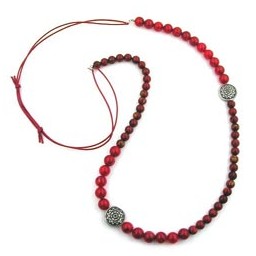 necklace red/black marbled 2 silver coloured designer beads