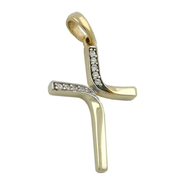 pendant 19x13mm cross bicolor with zirconias 9k gold