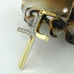 pendant 19x13mm cross bicolor with zirconias 9k gold