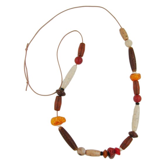 necklace beads brown-rust-red-ivory 90cm