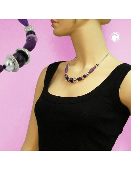 necklace purple beads on coated flexible wire 49cm