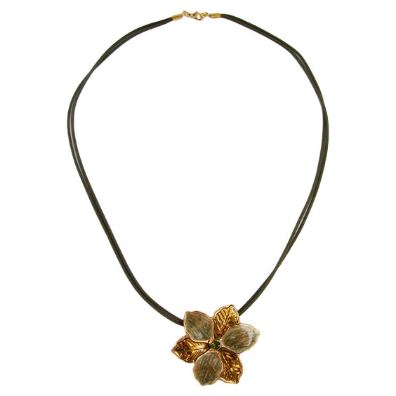 necklace flower olive-gold enameled 50cm