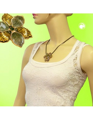 necklace flower olive-gold enameled 50cm