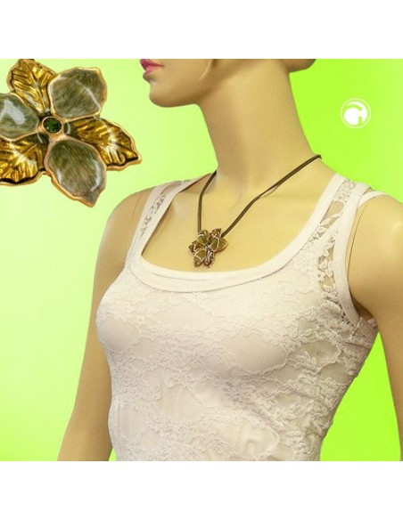 necklace flower olive-gold enameled 50cm