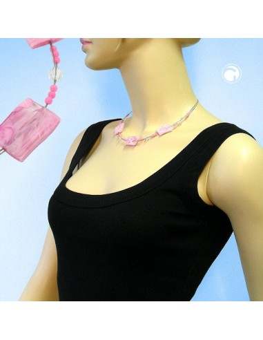 necklace rectangle beads pink marbled 45cm