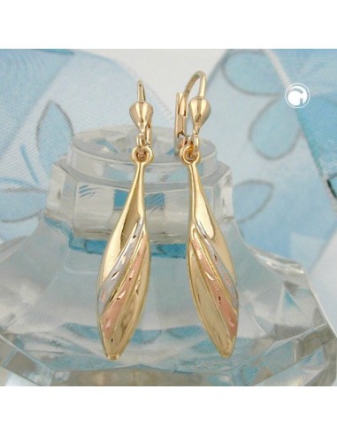 leverback earrings 41x6mm tricolor partially satin diamond cut 9k gold