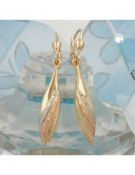 leverback earrings 41x6mm tricolor partially satin diamond cut 9k gold