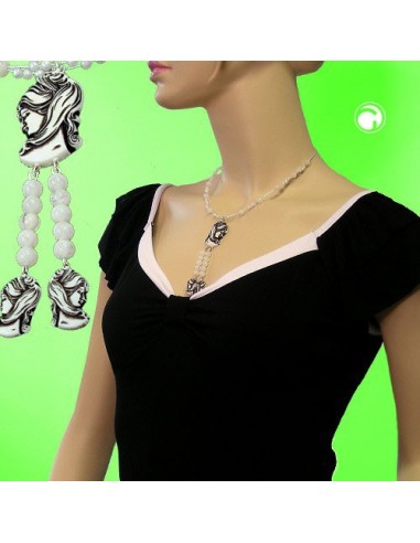 necklace black beige cameo beads on coated flexible wire