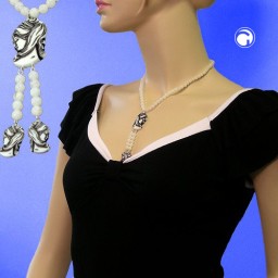 necklace white beads and black/beige cameo