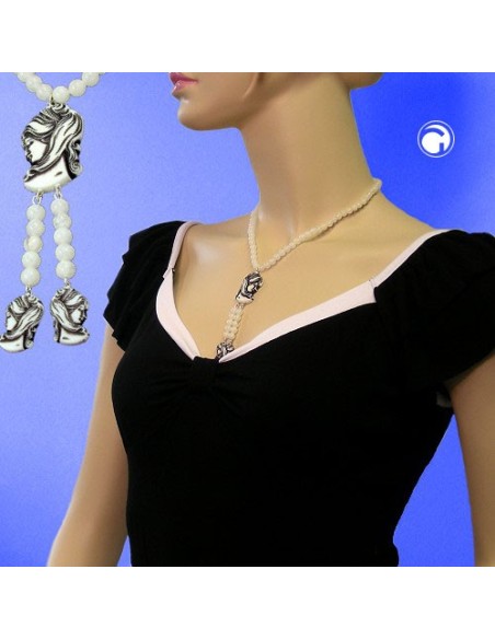 necklace white beads and black/beige cameo