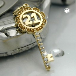 pendant 23x10mm key with number -21- and 8 cubic zirconias 9k gold