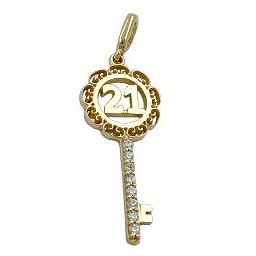 pendant 23x10mm key with number -21- and 8 cubic zirconias 9k gold