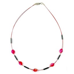 necklace glass beads red and grey shiny 42cm