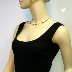 necklace glass beads red and grey shiny 42cm