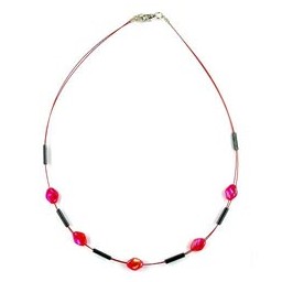 necklace glass beads red and grey shiny 42cm