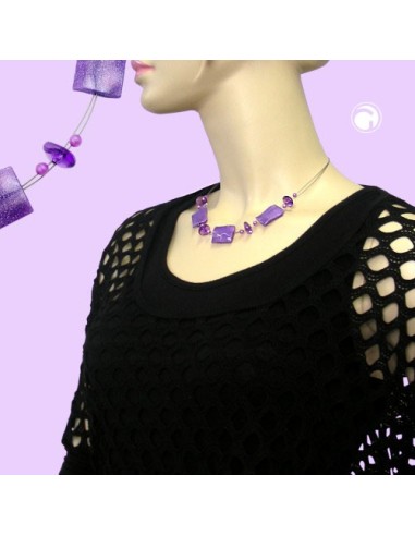necklace shiny lilac rectangle beads on coated flexible wire 45cm