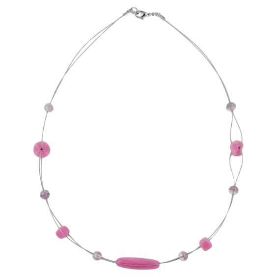 necklace pink and lilac glass beads on coated flexible wire