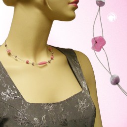 necklace pink and lilac glass beads on coated flexible wire