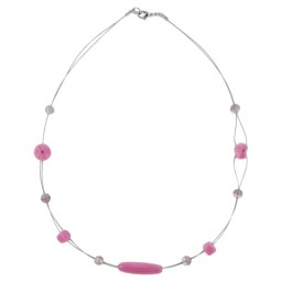 necklace pink and lilac glass beads on coated flexible wire