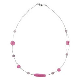 necklace pink and lilac glass beads on coated flexible wire