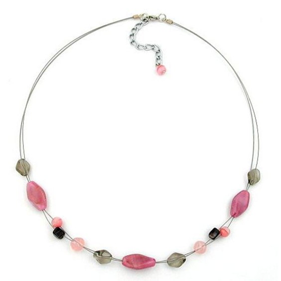 necklace glass beads pink and grey 45cm