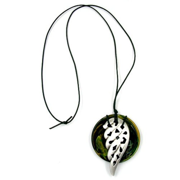 necklace silver leaf on a green disk