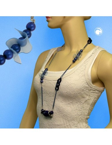 necklace beads & organza blue 90cm