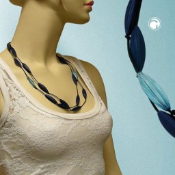 necklace olive-shape beads with grooves blue-silver color