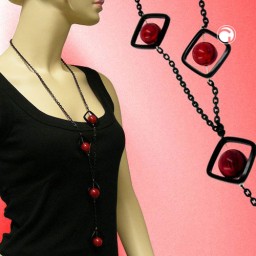 necklace square beads black-red 80cm