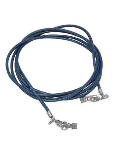 leather strap round cord cowhide 2mm blue colored with 2x clasp silver colored ca. 1m