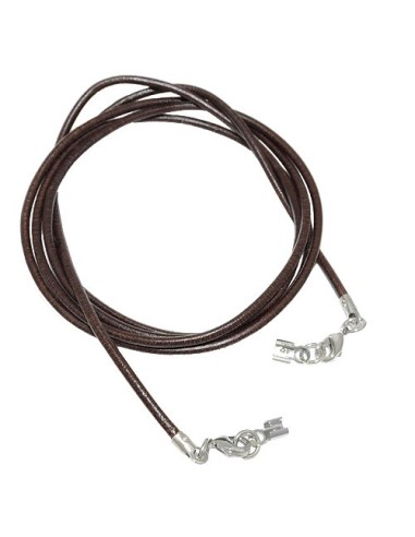 leather strap round cord cowhide 2mm brown colored with 2x clasp silver colored ca. 1m