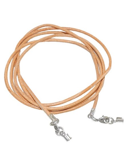 leather strap round cord cowhide 2mm natural color with 2x closure silver colored ca. 1m
