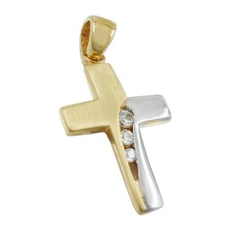 pendant 16x11mm cross bicolor with 3 zirconias 9k gold