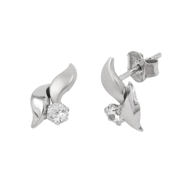 stud earrings 11x6mm leaf-shaped with white cubic zirconia 9k white gold