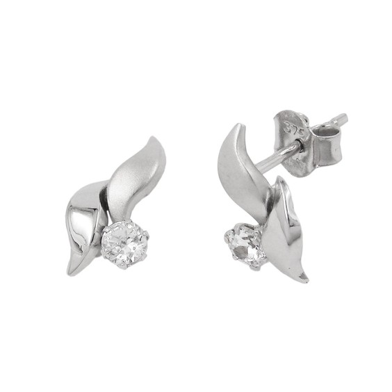 stud earrings 11x6mm leaf-shaped with white cubic zirconia 9k white gold