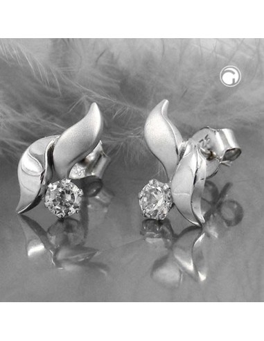 stud earrings 11x6mm leaf-shaped with white cubic zirconia 9k white gold