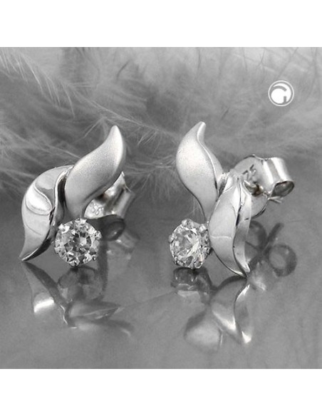 stud earrings 11x6mm leaf-shaped with white cubic zirconia 9k white gold