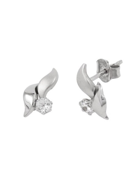 stud earrings 11x6mm leaf-shaped with white cubic zirconia 9k white gold