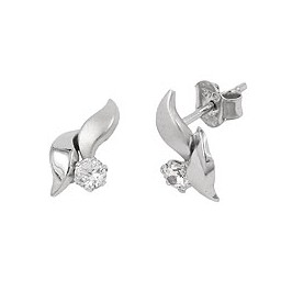 stud earrings 11x6mm leaf-shaped with white cubic zirconia 9k white gold