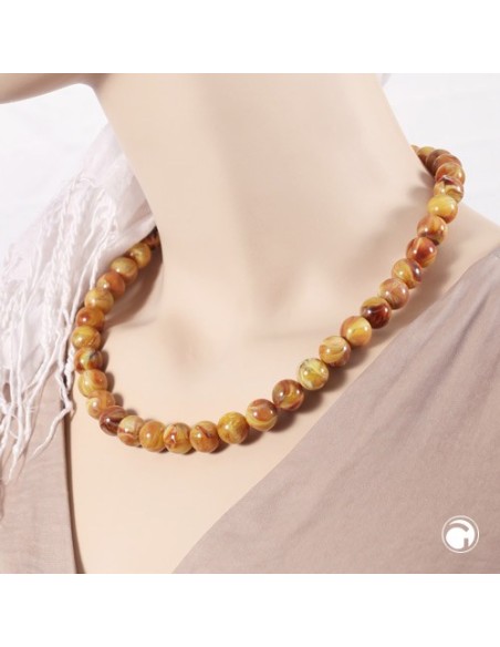 necklace 12mm beads yellow-brown-marbled