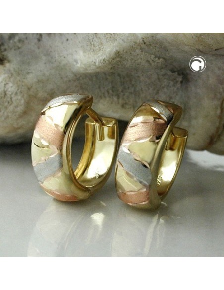 hoop earrings 12x5mm hinged hoop tri-color diamond cut 9k gold