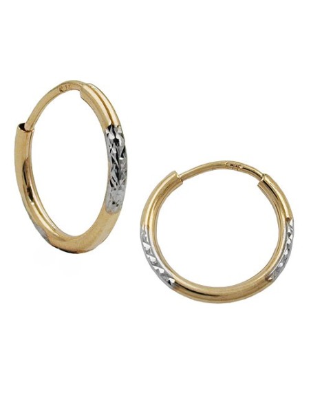 hoop earrings 12x1mm bicolor rhodium plated diamond cut 9k gold