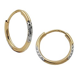 hoop earrings 12x1mm bicolor rhodium plated diamond cut 9k gold