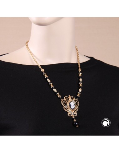 Collier Gemme goldfarbene Kordelkette aus Metall schwarze Kunststoffperlen 50cm