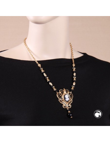 Collier Gemme goldfarbene Kordelkette aus Metall schwarze Kunststoffperlen 50cm